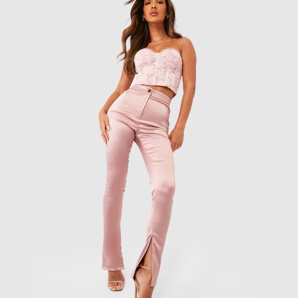 Boohoo Pants Jumpsuits Nwt Boohoo Nude Stretch Satin Split Hem